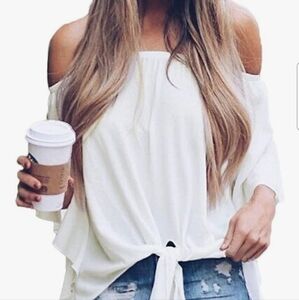 White Off-Shoulder Tie-Front Top